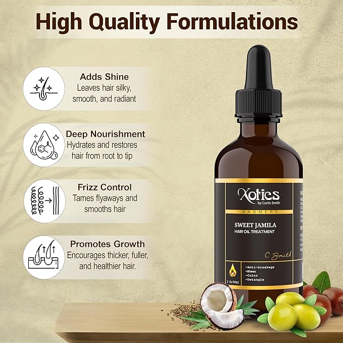 Xotics Sweet Jamila Hair Oil - Natural Hair Growth Oil with Hempseed, Argan, Olive & Coconut Oil for Curly Frizzy Hair & Dry Hair - Organic Hair Oil for Black women (4oz)
