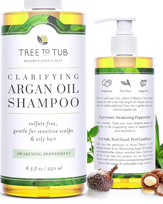 Tree to Tub Peppermint Shampoo for Oily Hair & Sensitive Scalp - Gentle Clarifying Shampoo for Build Up, Sulfate Free Anti Residue Hair Shampoo for Women & Men w/Organic Argan Oil, Natural Aloe Vera