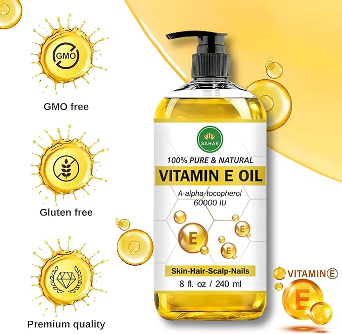 Vitamin E Oil 60,000 IU – Organic & Pure E-Oil Blend for Skin, Hair & Nails | Natural Body Oil with Vitamin E for Stretch Marks, Scars & Face Moisturizing – 100% Liquid Vitamin E Skin Care