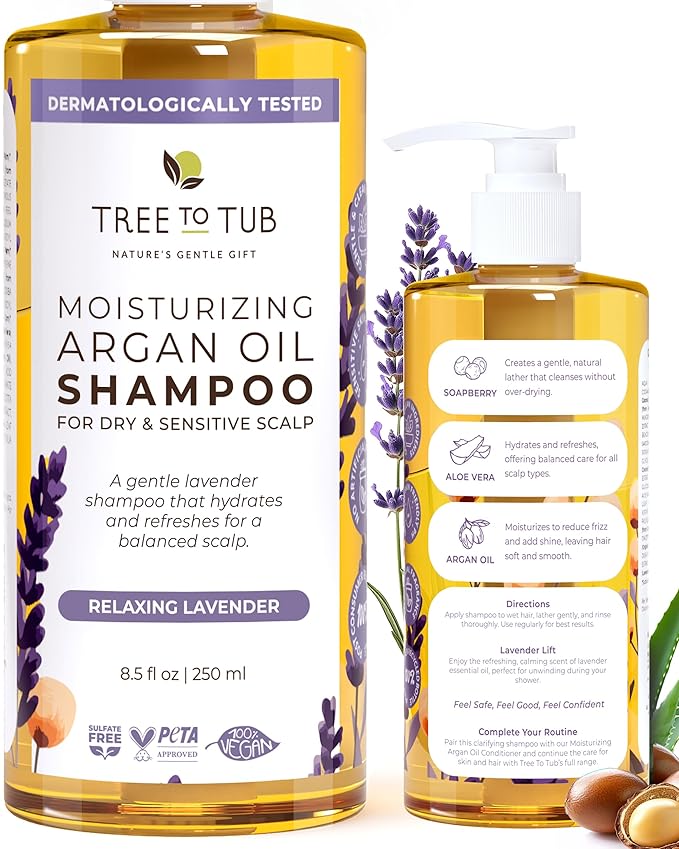 Tree to Tub Lavender Dry Hair Shampoo for Sensitive Scalp - Gentle Hydrating Dry Scalp Shampoo for Women & Men, Moisturizing Sulfate Free Shampoo w/Organic Argan Oil, Chamomile, All Natural Aloe Vera