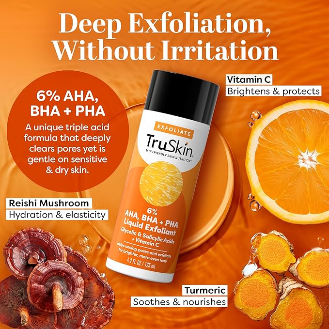 TruSkin BHA Liquid Exfoliant & Toner – PHA AHA BHA Gentle Exfoliator with Salicylic & Glycolic Acid, Vitamin C – Improve Appearance of Tone & Texture, Unclog & Minimize Look of Pores, 4.2 fl oz