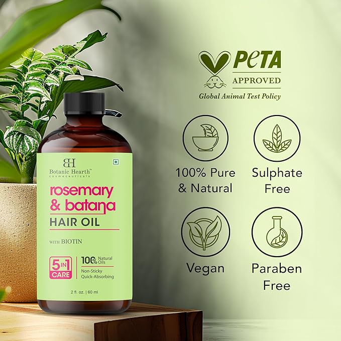 Botanic Hearth Rosemary & Batana Hair Oil with Biotin | 100% Natural Oils | Non-Sticky, Fast Absorbing | Promotes Hair Growth, Nourishment & Shine | 5-in-1 Hair Care | 2 fl oz / 60 ml - Hair Tonic
