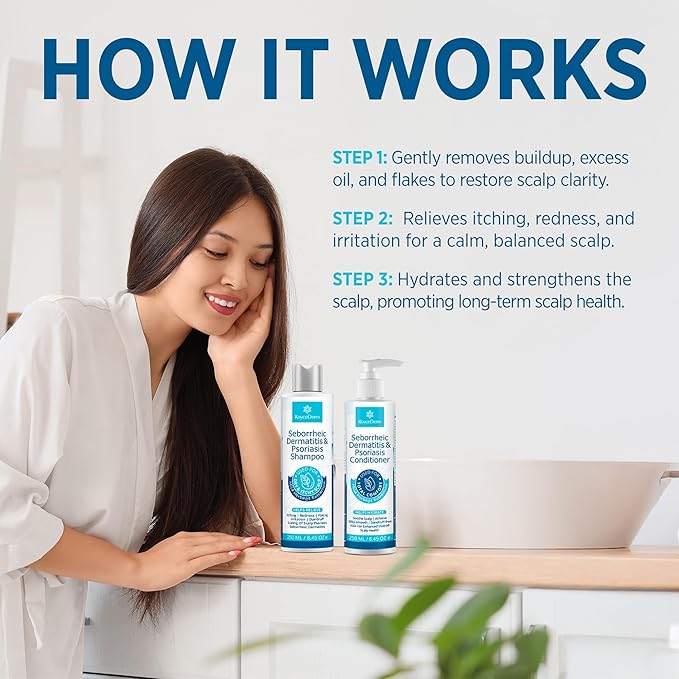 Roycederm Seborrheic Dermatitis & Psoriasis Shampoo and Conditioner Set - Effective Scalp Treatment for Folliculitis, Psoriasis, Dandruff, Dry Itchy Scalp - Soothing, Moisturizing Herbal Formula