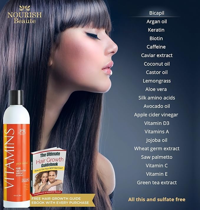Nourish Beaute Vitamins Natural Shampoo for Hair Growth and Hair Loss for Hair Regrowth,Volume and Thickening with Biotin,DHT Blockers, No Sulfate, For Men and Women, Premium Gold Label, 3 Pk