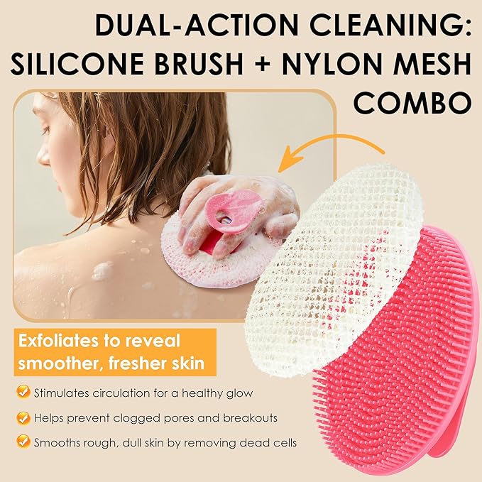 INNERNEED Food-Grade Silicone Body Scrubber Gentle Cleansing Brush with Exfoliating Net Sponge Bath Scrubbing Washcloth Case, More Hygienic and Well Lather (Black+Pink Set)