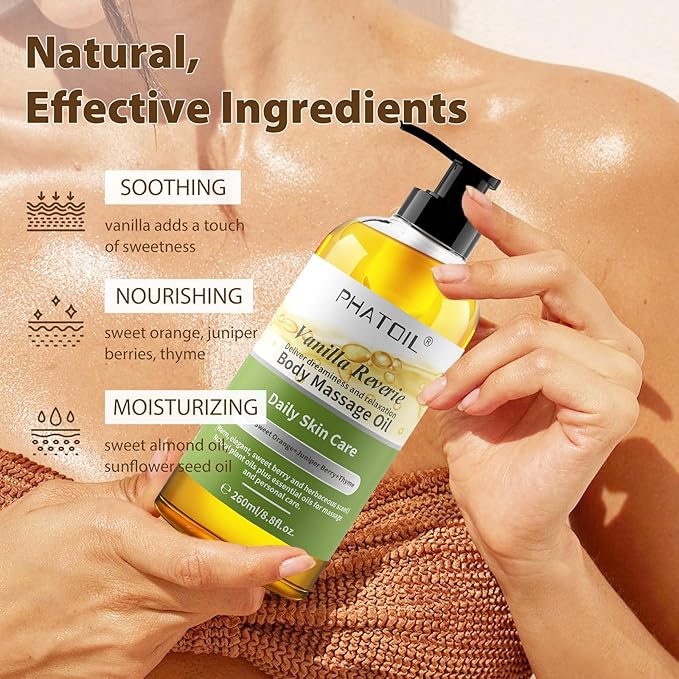 Vanilla Body Oil with Sweet Orange, Juniper Berry and Thyme Essential Oils, Premium Scented Body Oil for Moisturizing Skin, Massage Oil for Women Men After Shower - 8.8 FL.OZ(260ML)