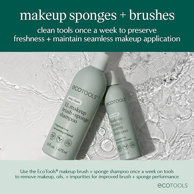EcoTools Makeup Brush + Sponge Shampoo, Remove Makeup & Impurities From Tools, Sponges, & Puffs, Fragrance-Free Brush Cleanser, No Harsh Chemicals, Vegan, & Cruelty-Free, 8 fl. oz./236 ml. Bottle