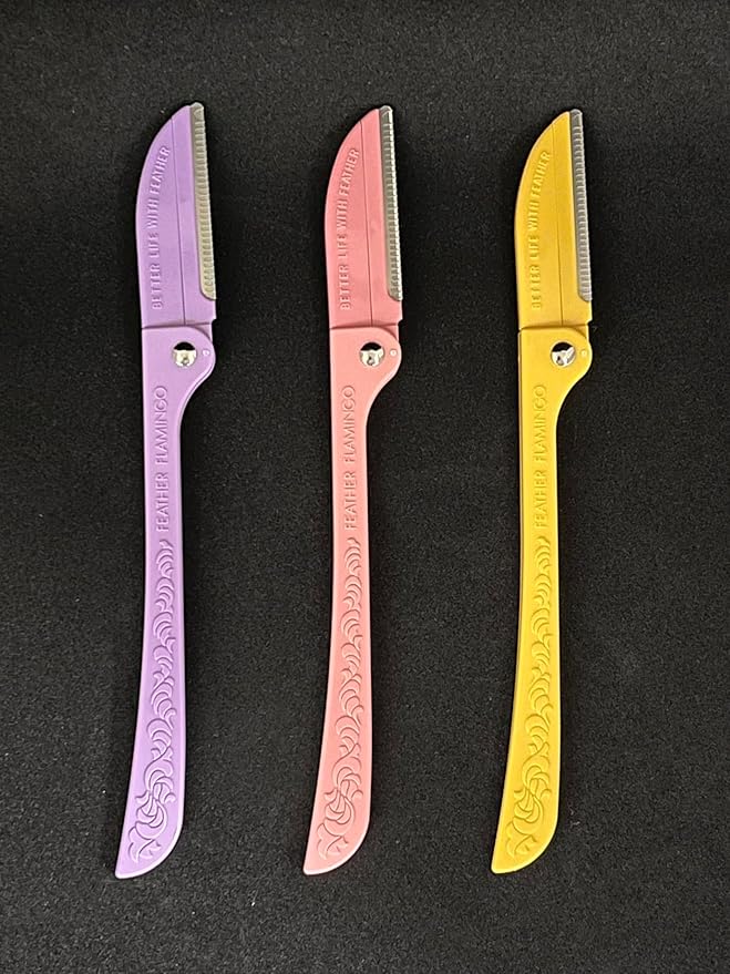 Feather Flamingo Facial Touch Up Stainless Steel Razor for Eyebrow and Face Hair Removal - 3 Pack | Foldable and Long-Lasting