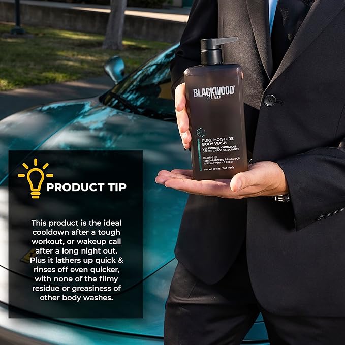 Blackwood For Men Pure Moisture Body Wash - Infused with Ginseng & Menthol - Natural Cleanser for Dry or Sensitive Skin - Ideal for Workout Recovery - Sulfate Free, Dye Free & Vegan (17 oz)