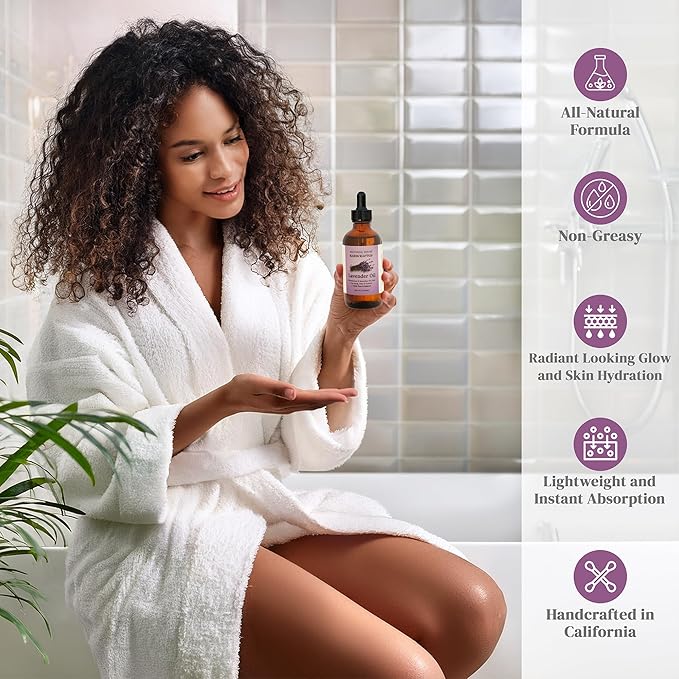 Lavender After-Shower Moisturizing Body Oil with Fractionated Coconut Oil, Vitamin E, Radiant Looking Glow and Skin Hydration, Instant Absorption, Body, After-Shower oil, 4 Ounces