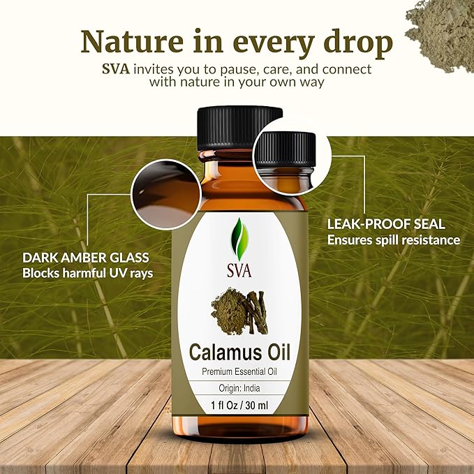 SVA Calamus Essential Oil – 1 Fl Oz – 100% Natural Calamus Oil - for Diffuser, Hair Care, Face, Skin Care, Aromatherapy, Scalp and Body Massage, Soap and Candle Making – with Dropper