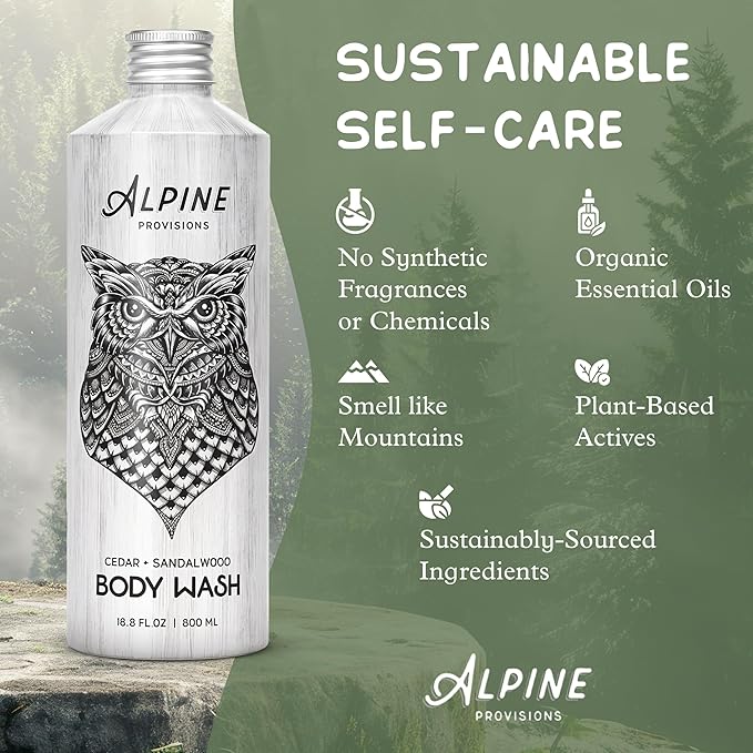 Alpine Provisions Cedar & Sandalwood Body Wash - Cleanse & Moisturize Naturally with Essential Oils - Vegan, Sulfate & Plastic Free - Gentle on Skin Natural Body Wash for Men and Women - 16.9 fl oz