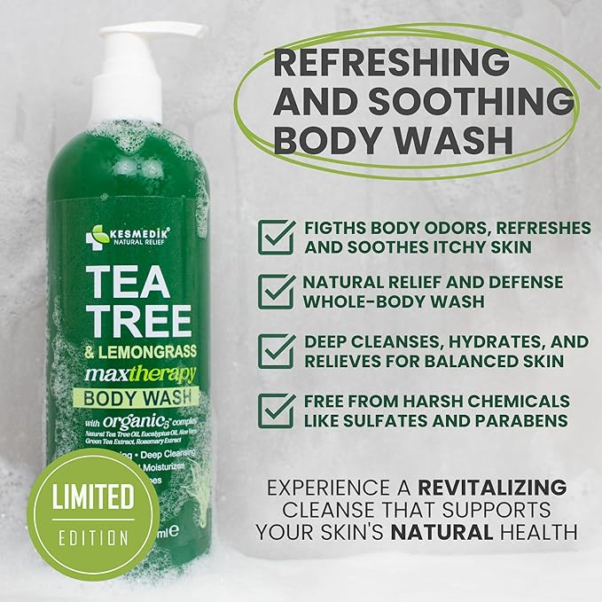 Tea Tree & Lemongrass Body Wash MaxTherapy, Itchy Skin Relief, Fights Body Odor, Soothes Jock Itch, Athlete's Foot, Ringworm & Sensitive Skin, Men & Women, 2-Pack, Limited Edition