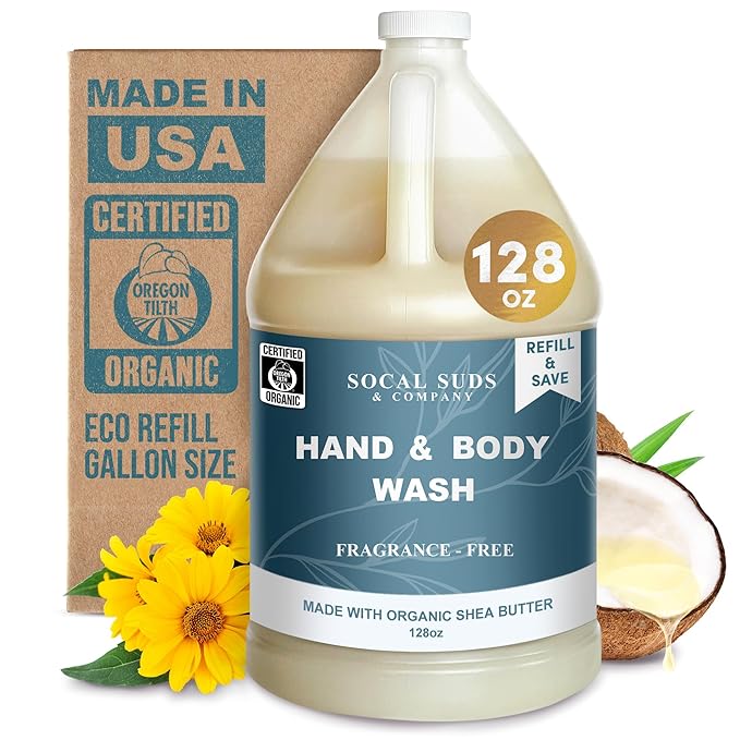 SoCal Suds & Company 128oz Certified Organic Hand & Body Wash w/Shea Butter- Gentle Natural Body,Baby & Face Wash for Sensitive Skin, Moisturizing Thick Castile, Hand Soap and More - Fragrance Free