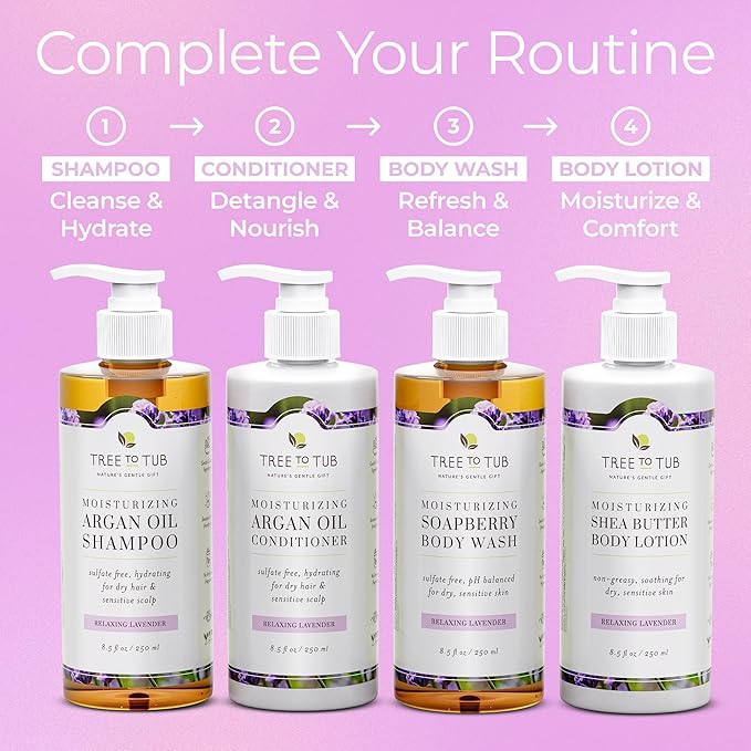 Tree to Tub Lavender Dry Hair Shampoo for Sensitive Scalp - Gentle Hydrating Dry Scalp Shampoo for Women & Men, Moisturizing Sulfate Free Shampoo w/Organic Argan Oil, Chamomile, All Natural Aloe Vera