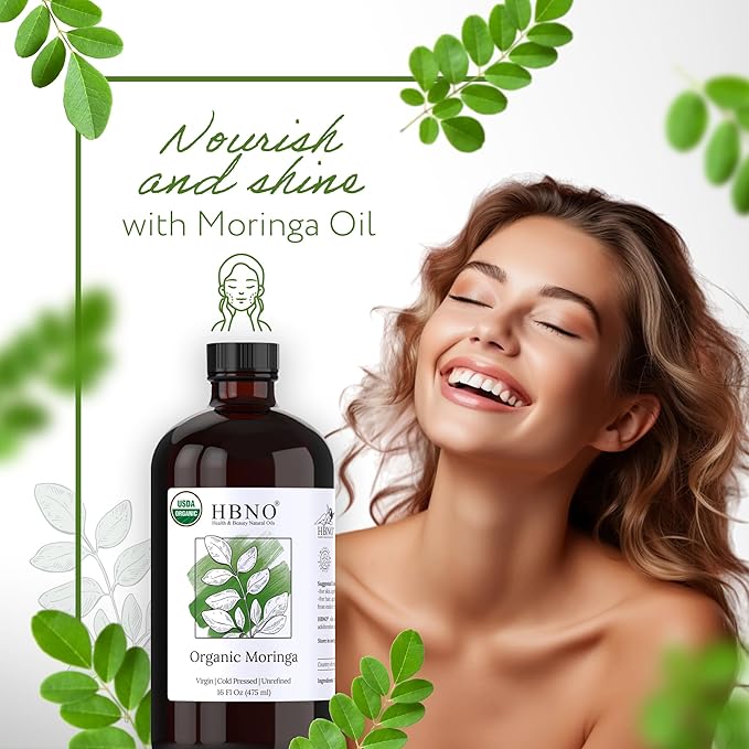 HBNO Organic Moringa Oil - 16 oz (475ml) Value Size - Ideal for Shampoos, Conditioners, Lip Balms, Face wash, Lotions, and Skin Care Products (Glass Bottle)