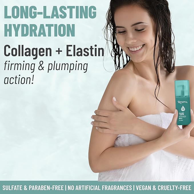 Collagen + Elastin Restorative Skin Strengthening Oil, Moisturizing Body Oil – Hydrating & Firming Skin Care, Vegan Skincare, 10 fl oz