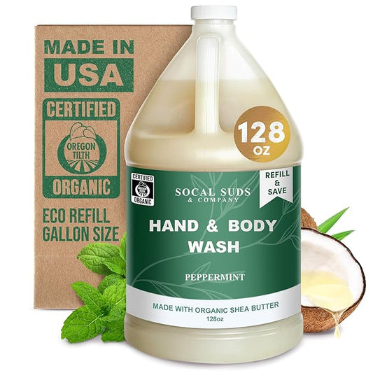 SoCal Suds & Company 128oz Certified Organic Hand & Body Wash w/Shea Butter- Gentle Natural Body,Baby & Face Wash for Sensitive Skin, Moisturizing Thick Castile Soap, Hand Soap and More - Peppermint