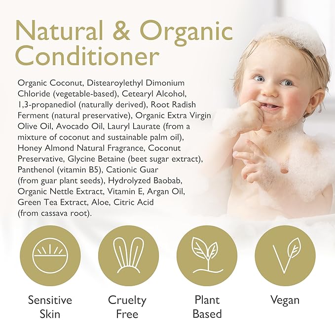 SoCal Suds & Company Organic Baby & Kids Conditioner – Moisturizing Formula with Natural Honey Almond Scent, Gentle & Nourishing, All Hair Types, Non-Greasy, Ideal for Sensitive Scalps, 12oz