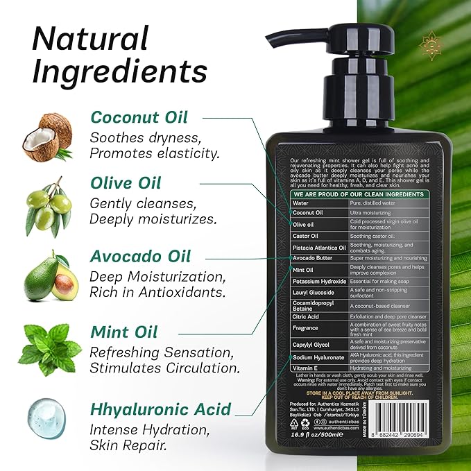 AUTHENTIC BATH & SOAP Sensitive Skin Body Wash – Organic Mint Essential Oil & Avocado Butter – Hydrating Shower Gel with Vitamin E & Hyaluronic Acid – SLS Free, Moisturizing & Refreshing, 16.9 Fl Oz