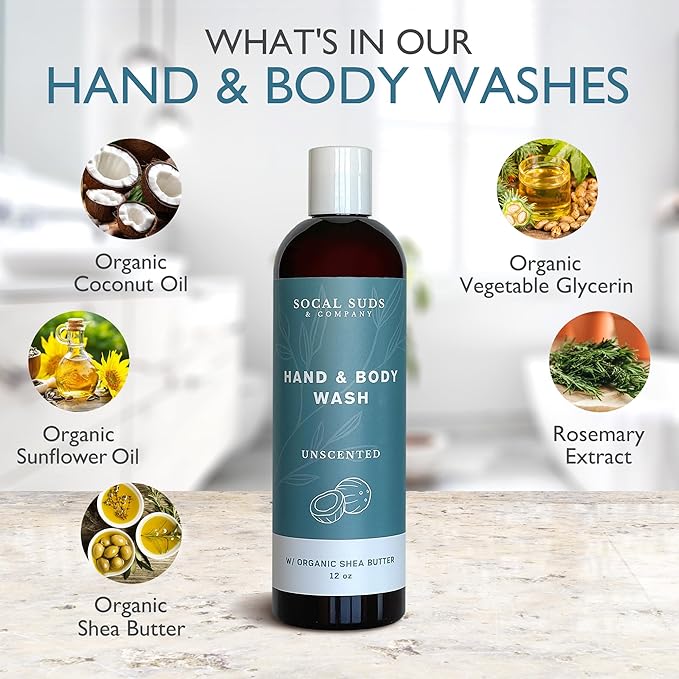 SoCal Suds & Company Organic Shea Butter Body Wash – Fragrance Free Liquid Soap for Hand & Body, Moisturizing Shower Gel, Body Wash for Women, Men & Unisex, Gentle Skin Care & Protection - (12oz)