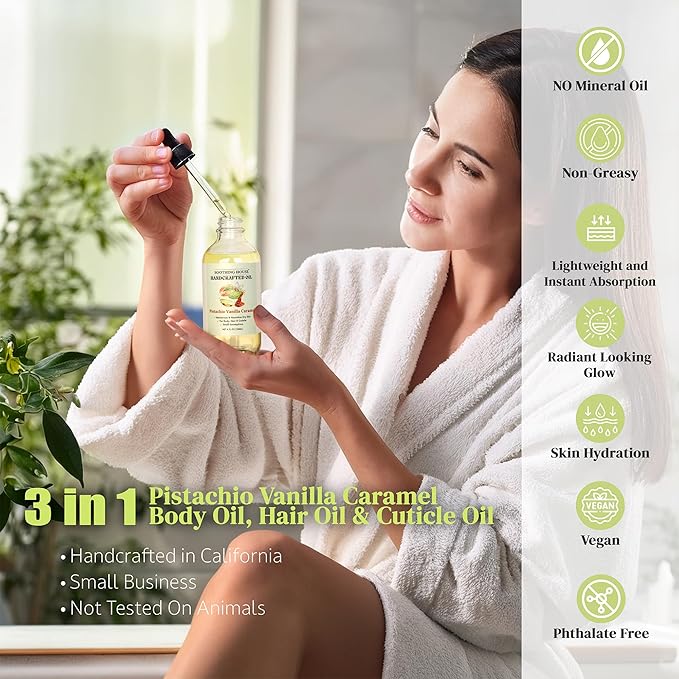 Pistachio Vanilla Caramel Body Oil - Nourishing Body Moisturizer for Soft, Glowing Skin with Jojoba & Almond Oil (4 fl oz)