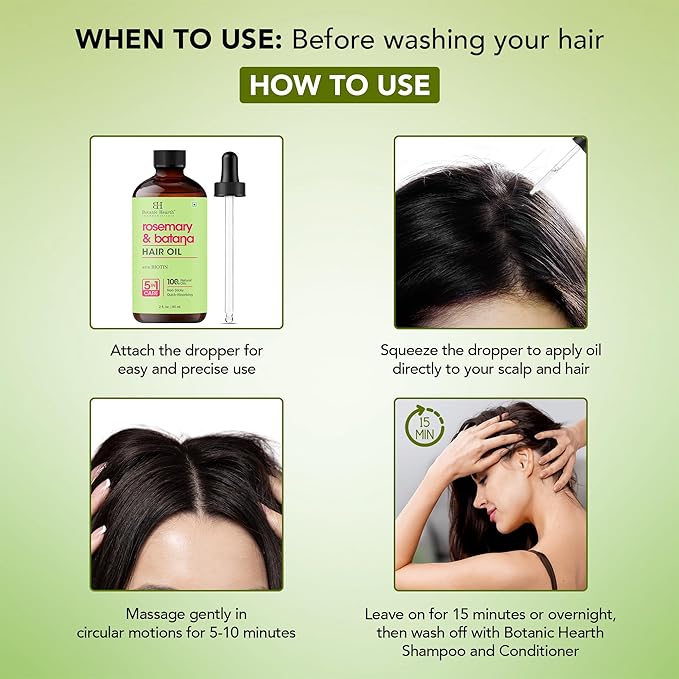 Botanic Hearth Rosemary & Batana Hair Oil with Biotin | 100% Natural Oils | Non-Sticky, Fast Absorbing | Promotes Hair Growth, Nourishment & Shine | 5-in-1 Hair Care | 2 fl oz / 60 ml - Hair Tonic