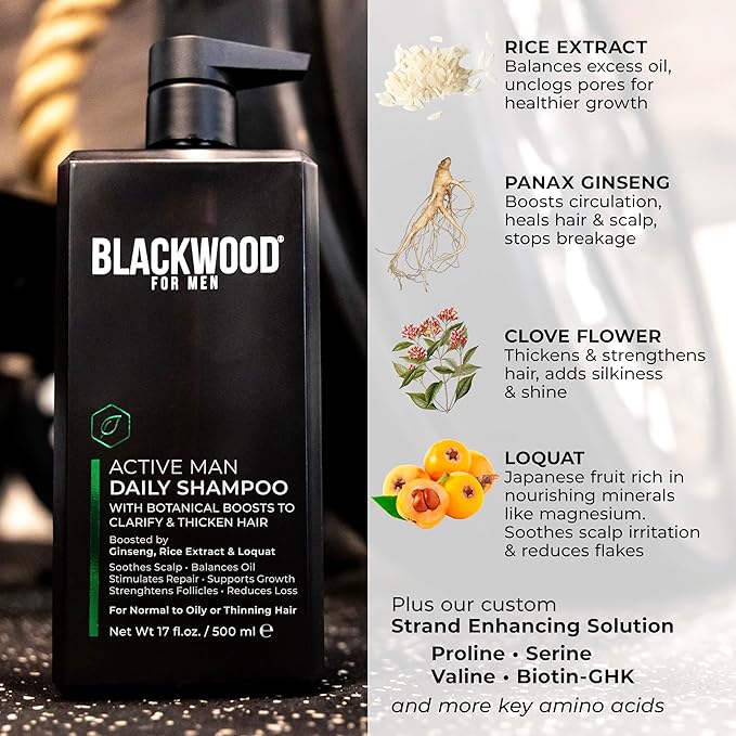 BLACKWOOD FOR MEN Active Man Daily Shampoo - Thickening & Clarifying Shampoo for Normal to Oily Hair or Scalp - Fights Hair Loss - Natural Vegan Formula - Sulfate Free with Ginseng & Aloe Vera (17oz)
