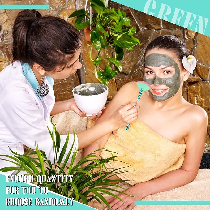 12 Pcs Fan Brushes for Facial Mask & Peel Applicator - Soft Cosmetic Facial Brushes with Glitter Quicksand Handle - Face Mask Tools with Pouch (Green)