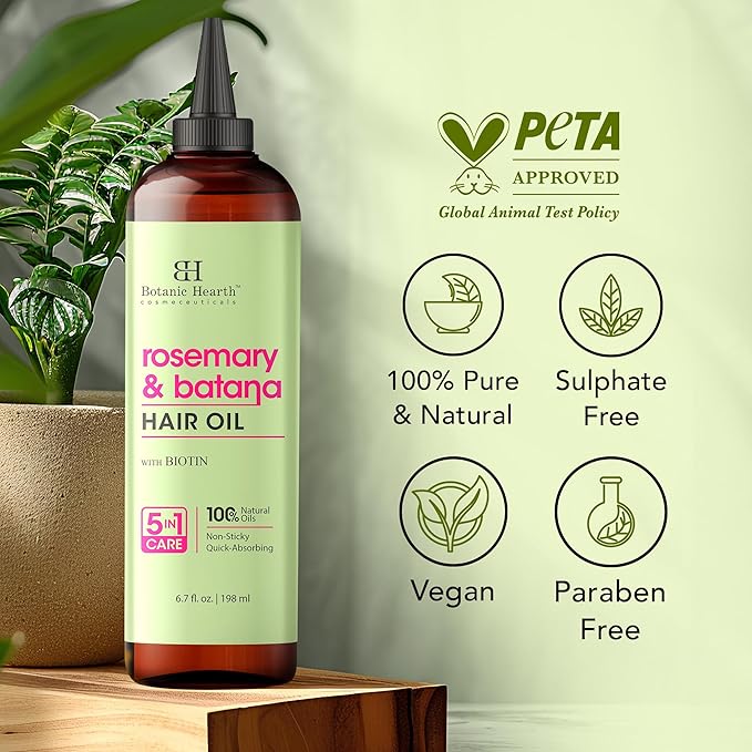 Botanic Hearth Rosemary & Batana Hair Oil with Biotin | 100% Natural Oils | Non-Sticky, Fast Absorbing | Promotes Hair Growth, Nourishment & Shine | 5-in-1 Hair Care | 6.7 fl oz Set of 2 - Hair Tonic