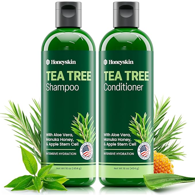 Tea Tree Shampoo and Conditioner Set - Dandruff Treatment With Organic Tea Tree Oil - Itchy Scalp Treatment for Women and Men - Sulfate and Paraben Free With Manuka Honey, Aloe Vera & Coconut (16oz)