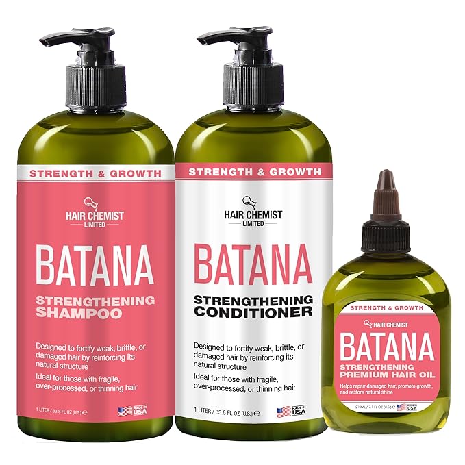 Hair Chemist Batana Strengthening Large Shampoo, Conditioner and Hair Oil Set (3-PC SET) - Batana Shampoo and Conditioner for Hair Growth, Thickening and Strength, Batana Hair Oil