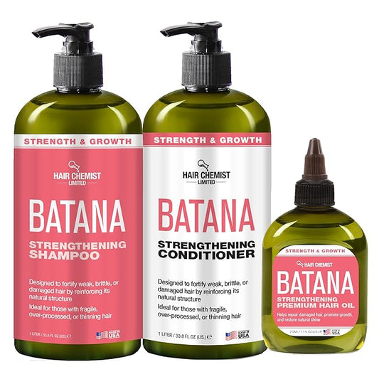 Hair Chemist Batana Strengthening Large Shampoo, Conditioner and Hair Oil Set (3-PC SET) - Batana Shampoo and Conditioner for Hair Growth, Thickening and Strength, Batana Hair Oil