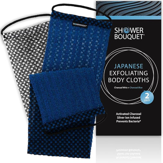 Japanese Exfoliating Washcloth for Back & Body 2-Pack - Charcoal & Silver Ion Exfoliating Towel with Handles - Two-Sided Gentle Exfoliation & Deep Cleanse Body Wash Cloths for Shower - 1 White, 1 Blue