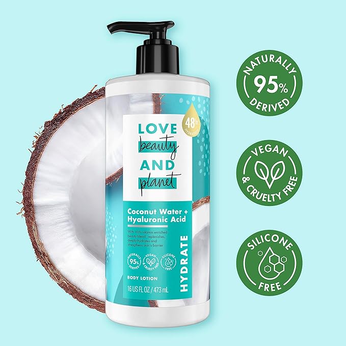 Love Beauty And Planet Lotion - Moisturizing Coconut Lotion with Hyaluronic Acid, Natural Body Lotion for Women, Dry Skin Lotion Scented with Mimosa Flower Extract, 16 Fl Oz (Pack of 2)