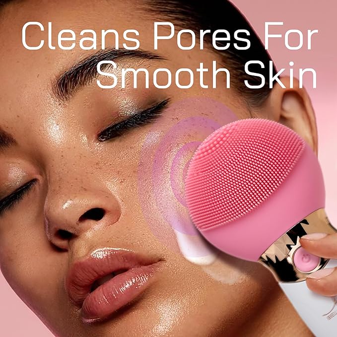 Bella Ciao Facial Cleansing Brush for Women – Rechargeable Silicone Face Scrubber, 4 Massage Settings, Exfoliating & Massaging, Water Resistant – Standing Base, Pink