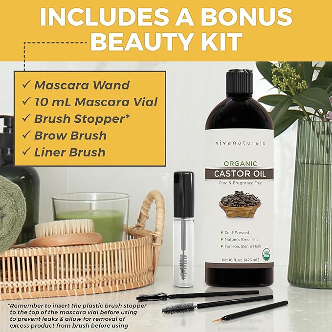Viva Naturals Cold pressed Organic Castor Oil 16 fl oz - Castor Oil for Face, Eyelashes, Traditional Eyebrow Serum, Hair Oil - Certified Organic & Non-GMO
