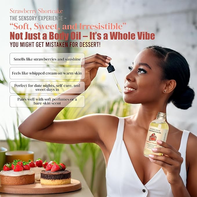 Strawberry Shortcake Body Oil: Moisturizing Body Oil for Soft, Glowing Skin with Almond & Jojoba Oil (4 fl oz)