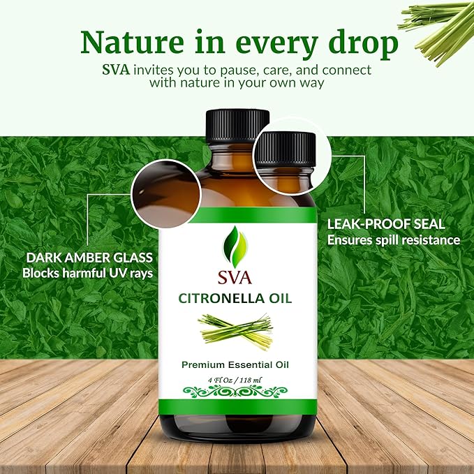 SVA Citronella Essential Oil – 4 Fl Oz – 100% Natural Citronella Oil - for Diffuser, Hair Care, Face, Skin Care, Aromatherapy, Scalp and Body Massage, Soap and Candle Making - with Dropper