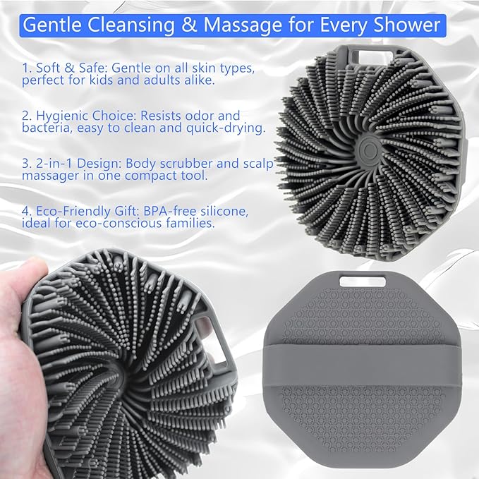 Silicone Body Scrubber – Exfoliating Body Brush for Shower, Soft Silicone Scrub for Men & Women, Shower Scrubber for Skin Care, Body and Face Scrub (Grey)