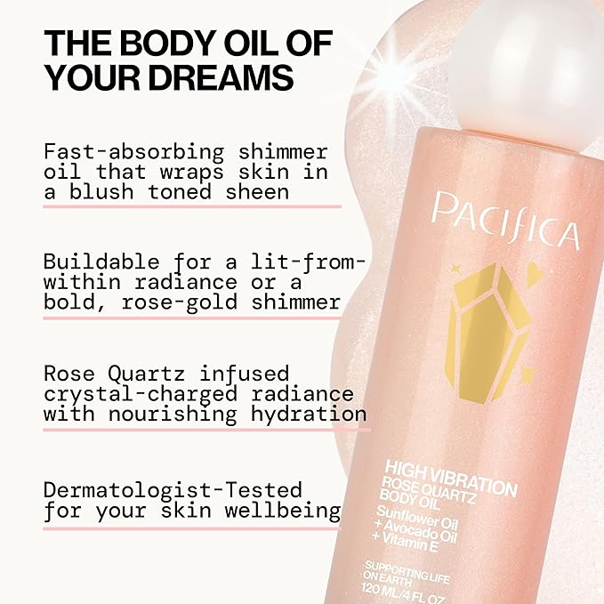 Pacifica Rose Quartz Body Oil – High Vibration Hydrating Body Oil with Natural Plant Oils & Rose Quartz Crystals, Moisturizing & Nourishing, Vegan & Cruelty-Free, Clean Beauty, Floral Scent, 4 oz