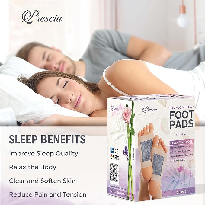 Prescia Lavender n’ Rose Foot Pads - Natural Bamboo Vinegar Cleansing for Relaxing Foot Care, Swelling Removal - Aromatic Herbs, Easy-to-Use, 20 Pack - Body Cleansing, Self-Care, Health, and Healing