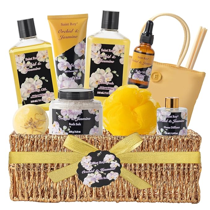 Mother's Day Gift for Mom Bath and Body Gift Basket Orchid & Jasmine Spa Gift Baskets for Women Fragrant Body Lotions, Bath Bomb, Home Spa Gift Basket Rich in Jojoba oil & Shea Butter, Bath Kit Sets