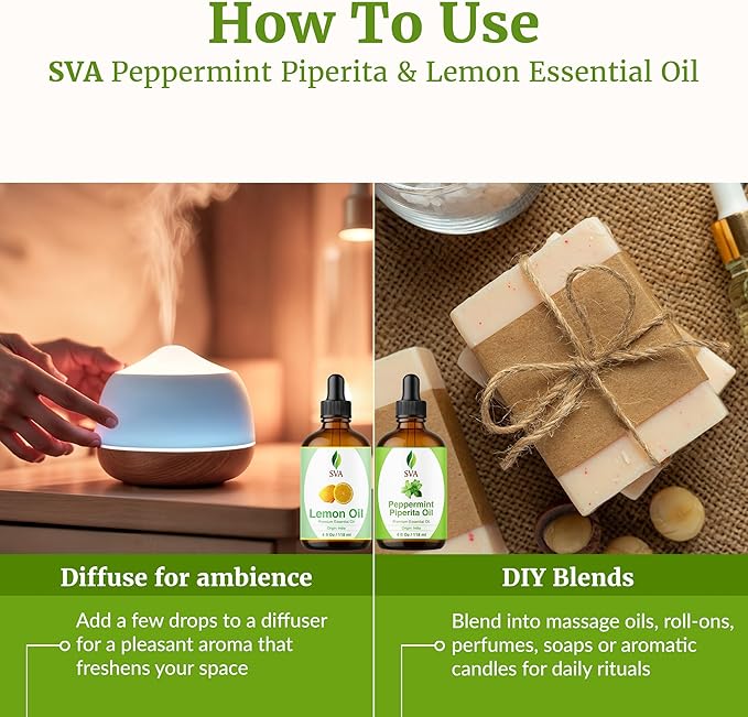 SVA Peppermint Essential Oil and Lemon Essential Oil 4oz Bundle Super Saver Combo – Premium Grade Value Set for Aromatherapy, Scalp Massage, Hair Care, Skin & Body