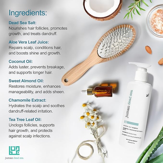 JUMAN Dead Sea Mineral Hair Shampoo | Promotes Hair Growth & Treats Dandruff | Infused with Essential Oils & Dead Sea Salts | For Men & Women | Vegan | SLS & Paraben Free