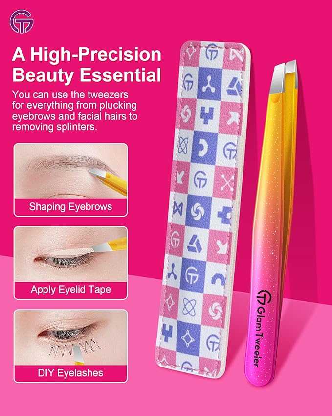 Expert Eyebrow Hair Removal Tweezer with Leather Case, GlamTweeler High Precision Slant Tip Stainless Steel Tweezers for Men and Women (Sparkle Fuchsia & Yellow)