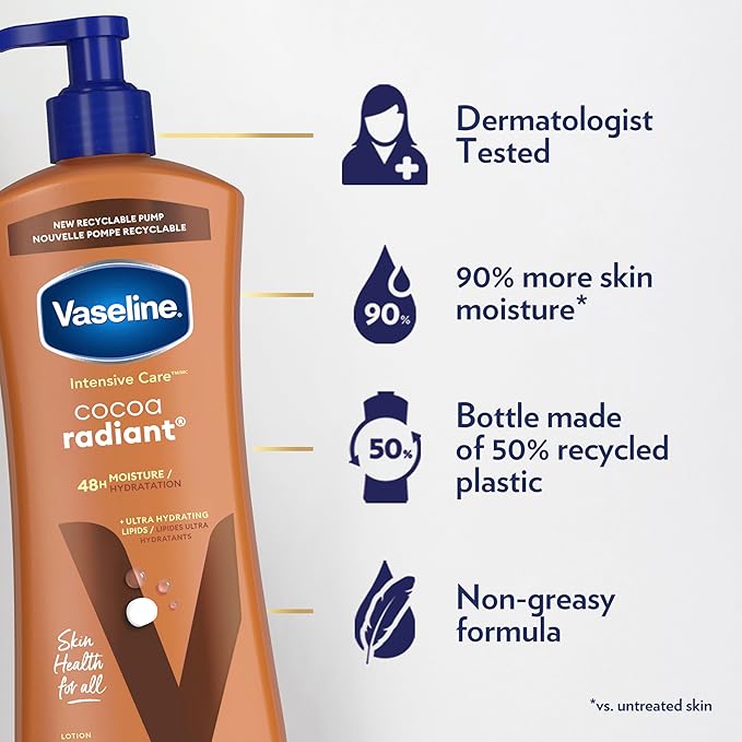 Vaseline Intensive Care Body Lotion Cocoa Radiant 3 count for Dry Skin Lotion Made with Ultra-Hydrating Lipids and Pure Cocoa Butter for a Long-Lasting, Radiant Glow 20.3 Oz