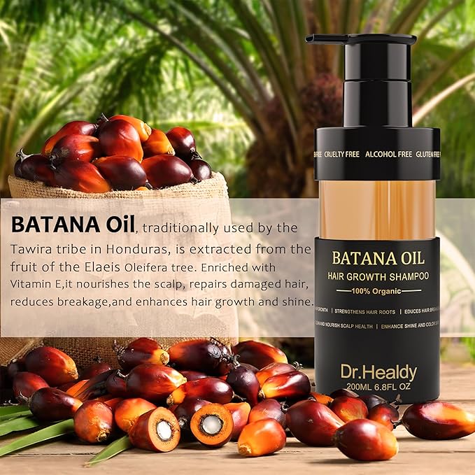 Dr.Healdy Batana Oil Shampoo for Hair Growth, Against Hair Loss & Moisturizes, Reduces Breakage - Sulfate Free Formula for All Hair Types (6.8 Fl Oz)