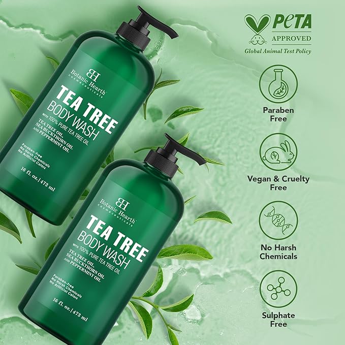 Botanic Hearth Tea Tree Body Wash | 16 Fl Oz | Helps Soothe Itchy, Dry Skin, Antifungal Body Wash With 100% Pure Tea Tree Oil | Sulfate Free, Paraben Free, For Men And Women Set Of 2