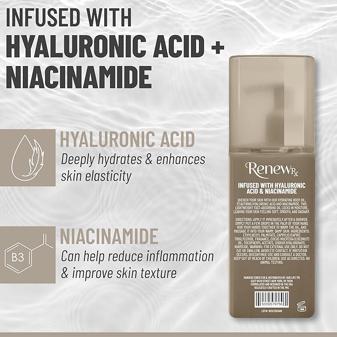 Hyaluronic Acid + Niacinamide Moisturizing Body Oil – Deep Hydration & Skin Care, Skin Perfecting Vegan Skincare, 10 fl oz